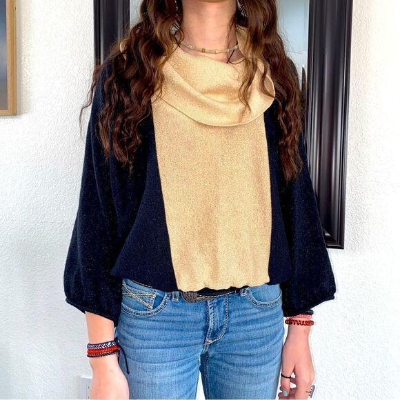 Style & Co Colorblock Cowl Neck Balloon Sleeve Pullover Sweater Black Tan XL - Picture 1 of 12